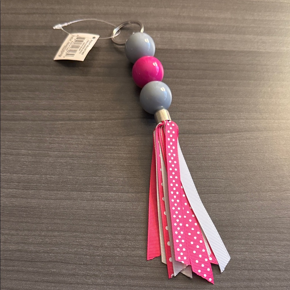 Pink and Gray Beaded Keychain with Tassels
